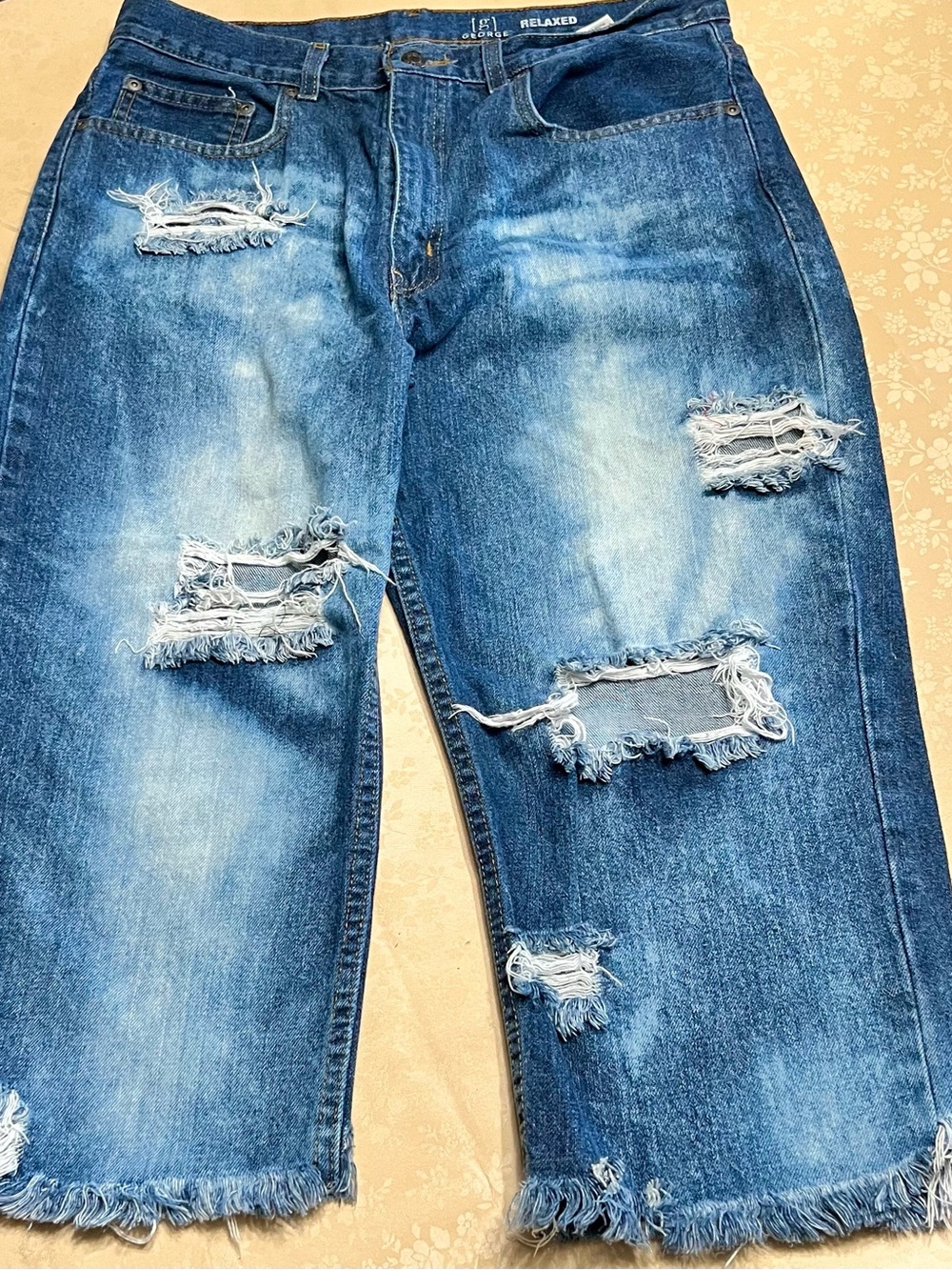 George Relaxed Distressed Denim Raw Hem Altered Up Cycled Women’s Capri Bleached
